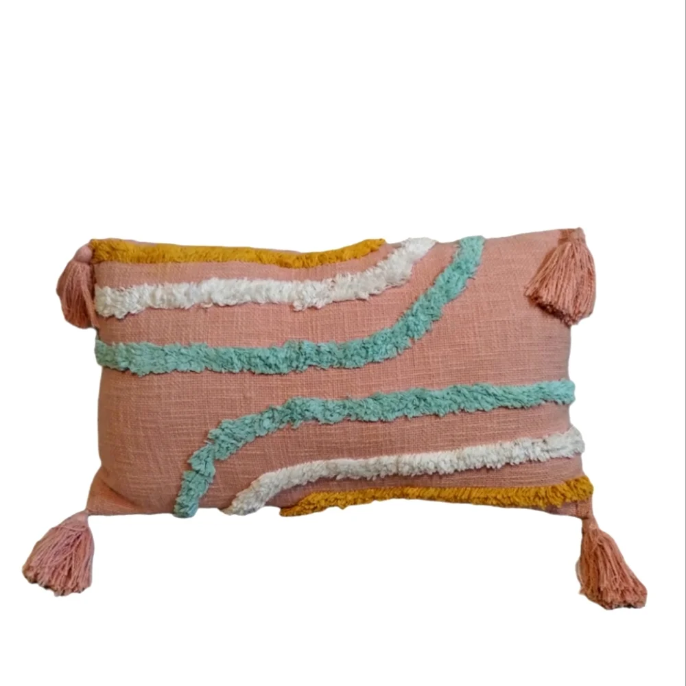 Boho Pillow Pink Cotton White Lumbar Tassel